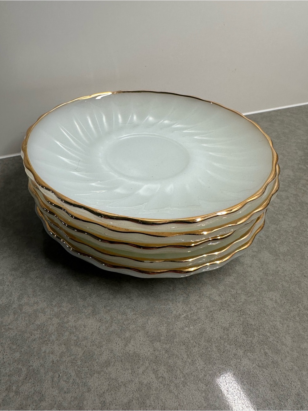 Anchor Hocking Vintage White milk glass Saucer Set with Gold Trim set of 5